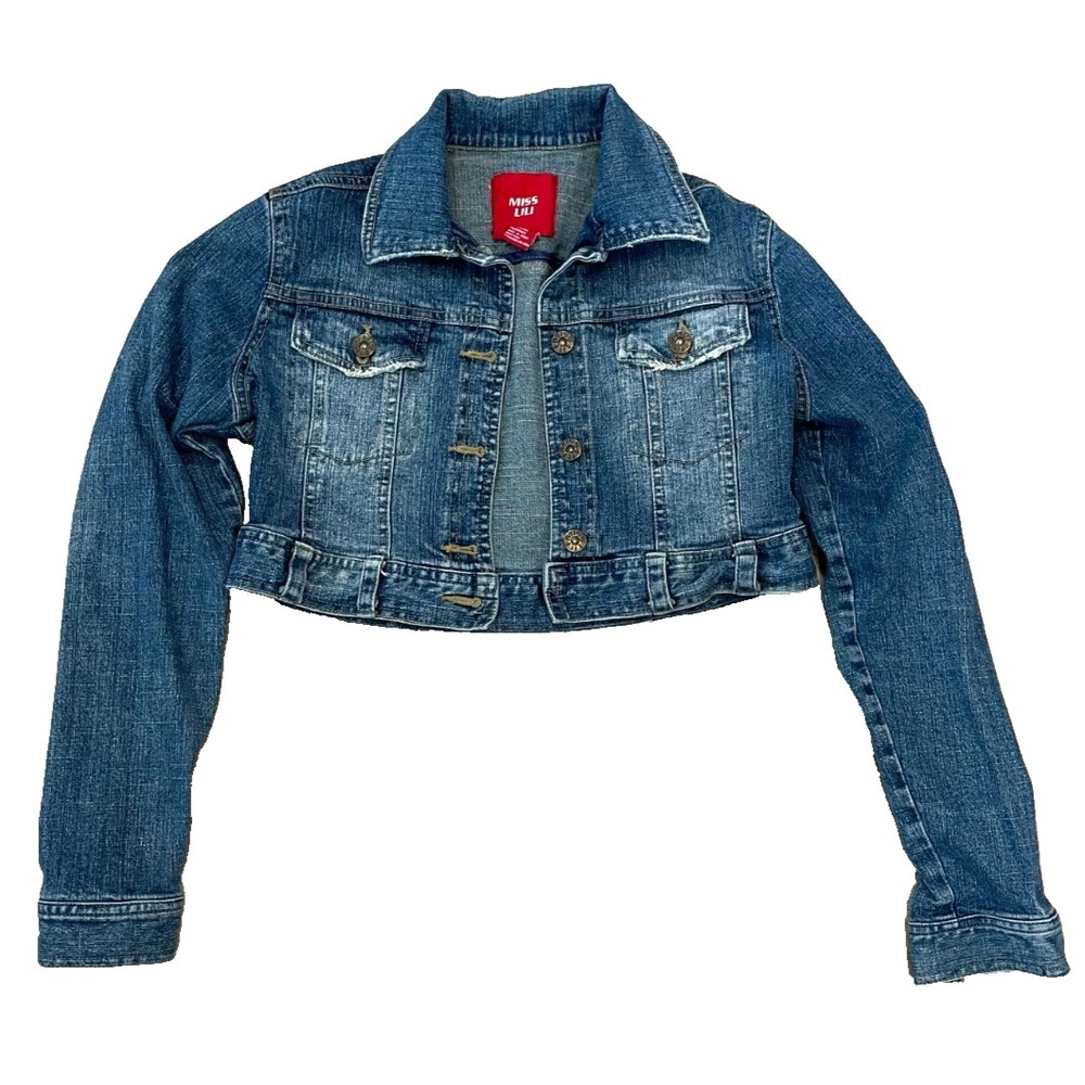 Miss Lili Vintage Y2K Cropped Denim Jacket Womens Small Blue Distressed Stretch